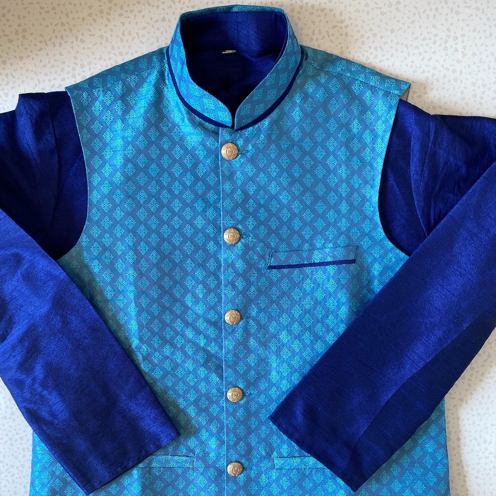 Men's Kurta Sz Large Indian Wedding: 3 Piece Blue